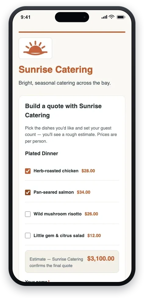 The self-quote composer mid-composition: dishes picked, a guest count set, and a live estimate clearly labeled an estimate.