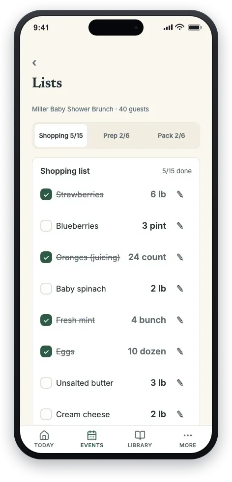 Event-day lists with Shopping, Prep and Pack tabs; 5 of the 15 shopping items already checked off.