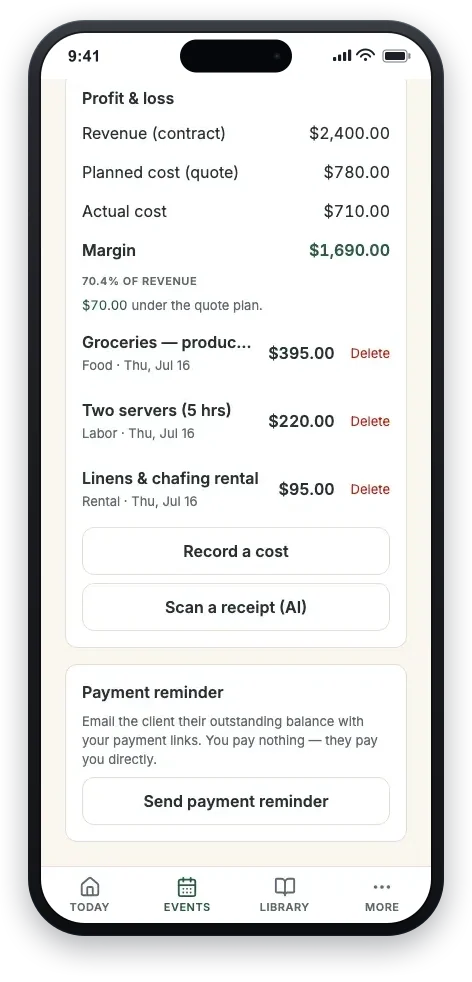 The CaterKit event P&L: revenue, planned versus actual cost, the real margin on a booked event, and the cost lines behind it.