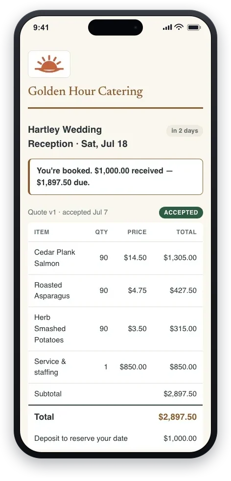 The CaterKit client portal as your client sees it on their phone: a booked event with the balance due, a signed-and-accepted badge, and the itemized quote.