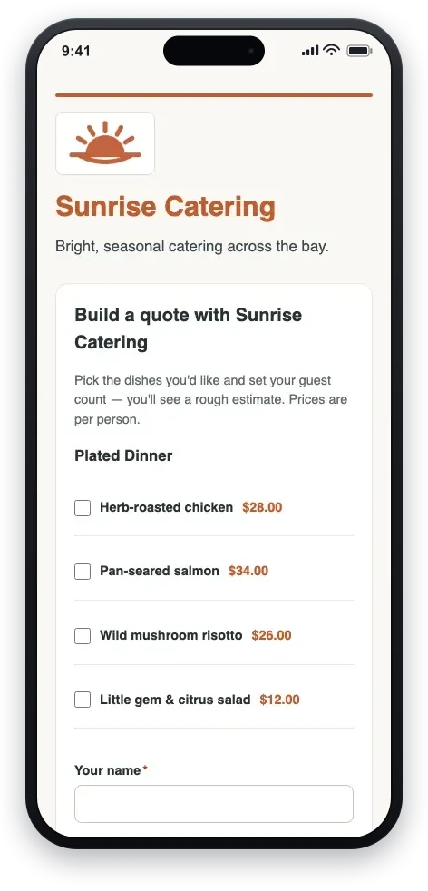 A caterer’s branded public booking page with its published menu and a request-a-quote form.