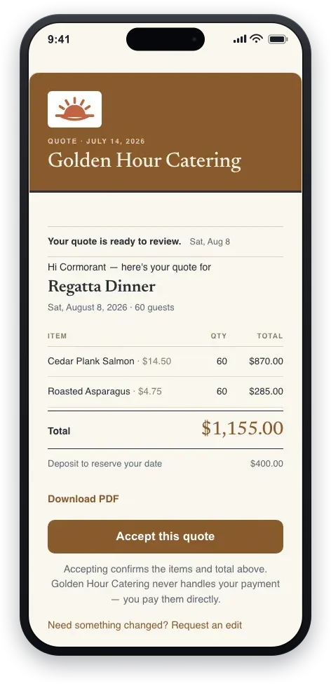 A branded catering quote as the client sees it on their phone — itemized total and an Accept button.