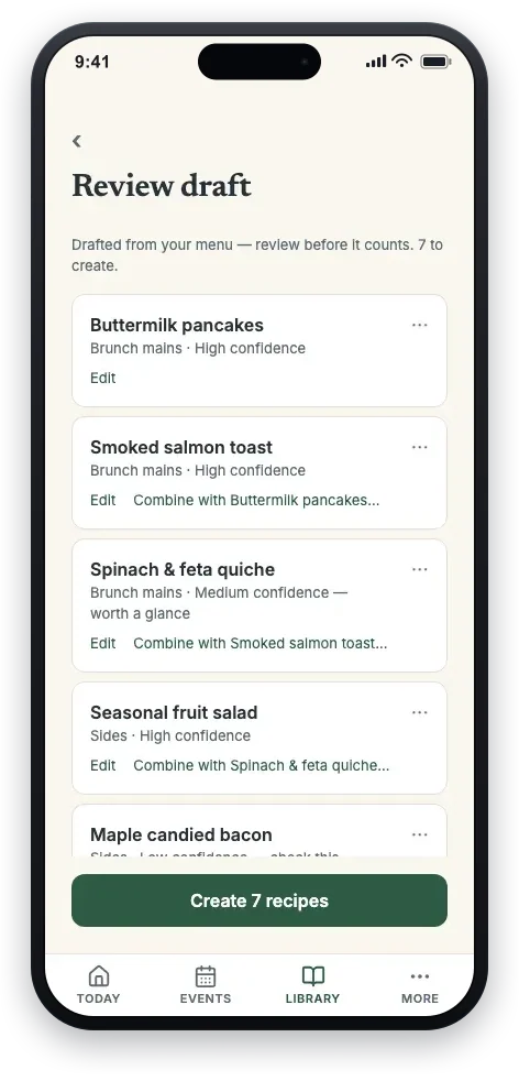 The review-draft screen: dishes drafted from a photographed menu, each graded by confidence with an honest “review before it counts” note.