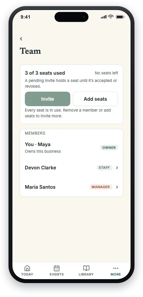 The CaterKit team roster: owner, manager, and staff seats, each with its role, and the seats-used meter.