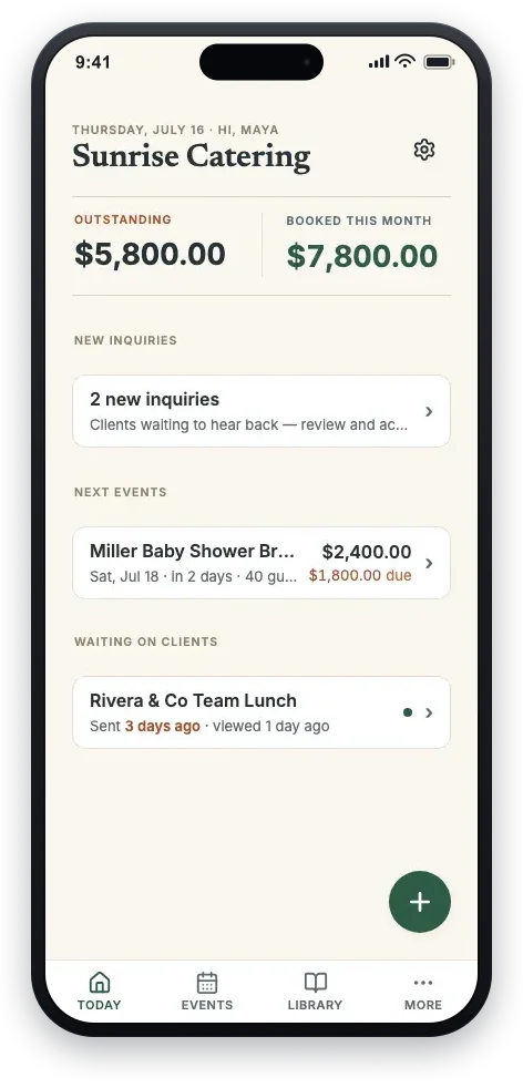 The CaterKit Today screen: outstanding balance, booked this month, and the next events at a glance.