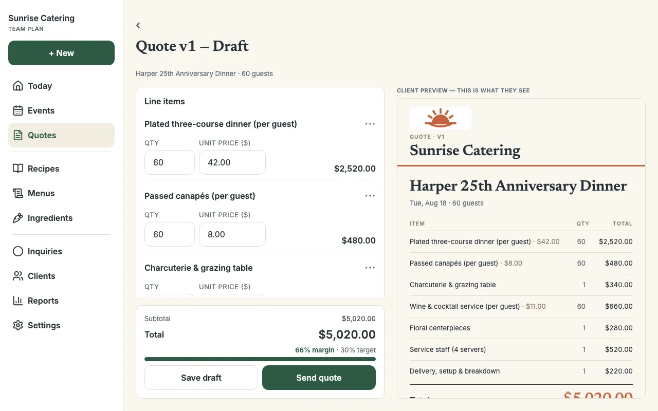 CaterKit open in a desktop browser — the full quote builder on the web.